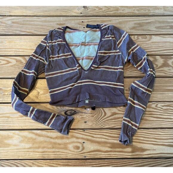 Urban Outfitters Stripe Low V Neck Crop Top Size Medium Women’s Purple Brown - Picture 1 of 8